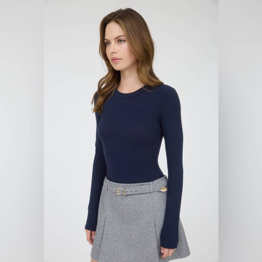 The Workshop Round Neck Long Sleeve Sweater Knit Bodysuit In Navy - Picture 3 of 6